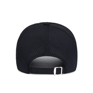 Rear view of black breathable mesh baseball cap with adjustable silver metal buckle