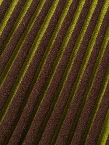 Dettaglio macro del tessuto a maglia a righe marroni e verde lime sull'abito corto