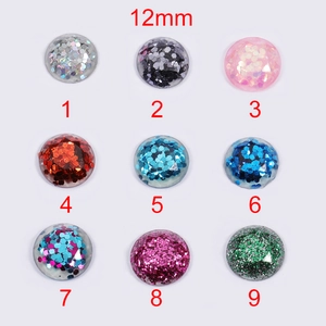 Set of 12mm round resin flatback cabochons with glitter sequins in 9 assorted colors