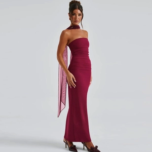 Elegant burgundy strapless floor-length evening dress with matching mesh scarf wrap