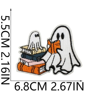 Ghost reading book embroidery patch dimensions 6.8cm x 5.5cm with measurement scale