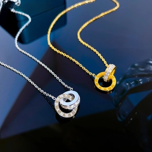 Delicate titanium steel double ring necklace with Roman numerals and sparkling zircon stones
