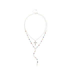 Double-layered silver necklace with colorful crystal cross and Virgin Mary pendant charms