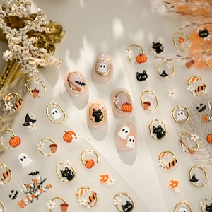 Halloween Nail Stickers 3D Relief Gold Border Pumpkin Ghost Black Cat Self Adhesive Manicure Festive Decoration Decals