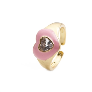 Adjustable gold star and pink enamel heart ring with sparkling center gemstone