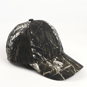 Close-up of a forest camouflage baseball cap with six-panel design and curved brim