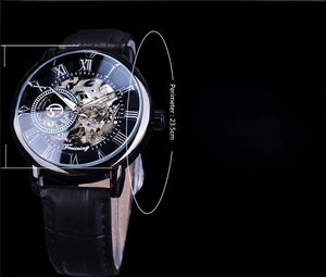 Detailed measurement chart for men's vintage skeleton mechanical watch with 41mm dial