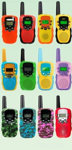 Matrix display of T-388 handheld walkie talkies for kids in 12 colors and camo patterns