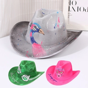 Detail of colorful western cowboy hats with peacock, eye, and leopard art patterns