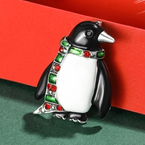 Cute penguin brooch with colorful scarf and red rhinestones for Christmas fashion