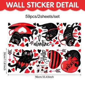 59pcs DIY Valentine black cat heart wall stickers set for romantic window decoration