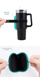 Detail of mint green neoprene bottle pouch showing elastic strap and large capacity pocket