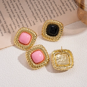 Vintage geometric square twisted earrings with gold finish and colorful gemstones