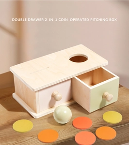 Macro view of Montessori double drawer wooden coin box with smooth natural textures