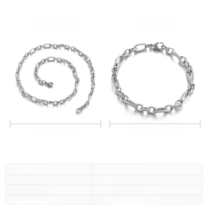 Polished stainless steel necklace and bracelet set with link size specifications