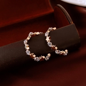 Macro shot of gold C-shape star earrings with zircon inlay on leather jewelry box