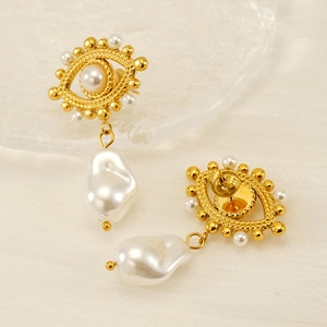Golden Evil Eye pearl earrings with baroque drop pearls shown from front and back view