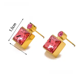 Detail of pink crystal earrings with 1.5cm length measurements on white background