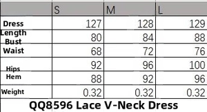 Detailed size chart for lace velvet V-neck dress showing length bust and waist measurements
