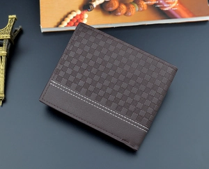 Close-up of coffee brown checkered wallet with white stitching on a grey background