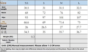 Detailed size chart for jewelry button top and bow-knot skort set with full measurements