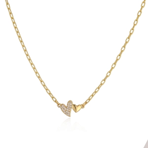 Elegant 18K gold plated paperclip chain necklace with double heart cubic zirconia pendants