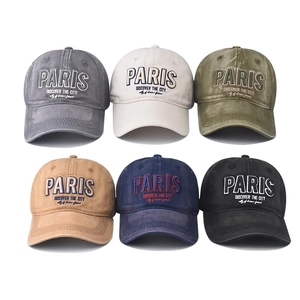Set of six washed cotton baseball caps with PARIS embroidery in multiple vintage colors