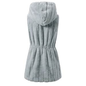 Rear view of grey faux fur hooded vest with vertical stripe texture and slim-cut design