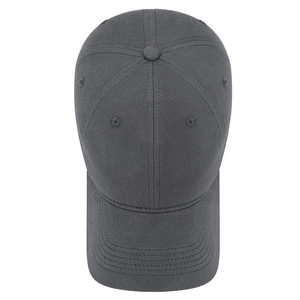 Overhead view of a minimalist grey baseball cap with pre-curved brim on white background
