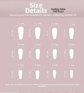 Size guide for coffin press-on nails showing 12 different widths for a perfect fit