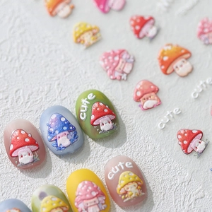 Cute mushroom nail stickers with colorful patterns and cute text for manicure art