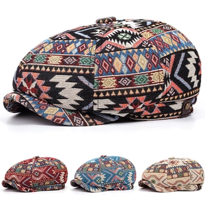 Women's Vintage Bohemian Newsboy Cap Geometric Jacquard Octagonal Hat With Leather Trim Ethnic Style Cotton Blend Retro Beret