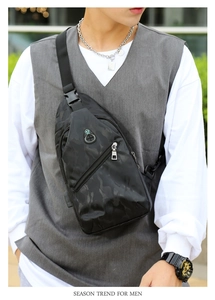 Détail du sac de poitrine camouflage noir pour homme avec port écouteurs et boucle de sangle