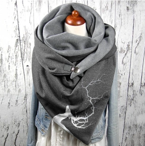 Thick warm winter shawl scarf with deer and branch print in double-sided grey tones