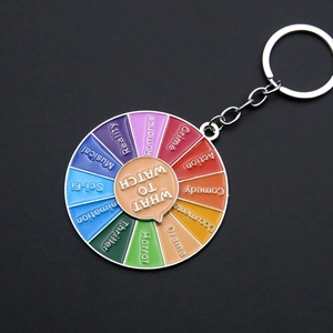 Detailed view of rotating rainbow movie picker keychain with twelve colorful genre sections