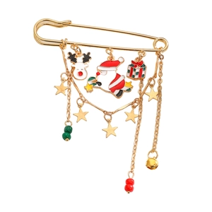 Golden Christmas safety pin brooch with Santa, reindeer and colorful enamel charms