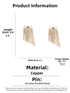 Detailed size chart showing 5.6cm length and 2.3cm width of the gold tassel earrings