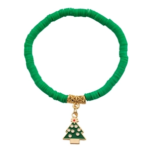 Green Christmas tree beaded elastic bracelet with gold snowflake and letter charms