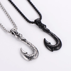Fish Hook Pendant Necklace 304 Stainless Steel Tribal Totem Pattern Vintage Hip Hop Streetwear Jewelry Unisex
