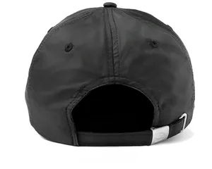 Rear view of black quick-dry baseball cap featuring an adjustable silver metal buckle