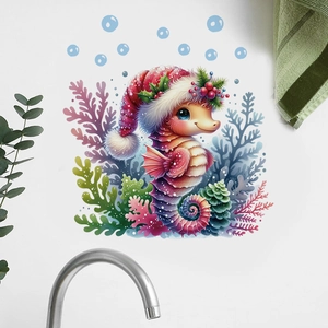 Christmas seahorse wall sticker with coral and santa hat on white bathroom wall