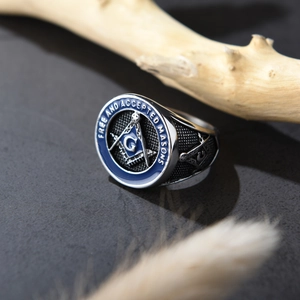 Vintage silver and blue Freemason ring made of durable stainless steel for men