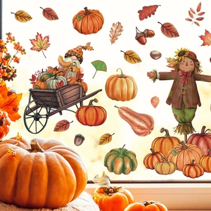 Thanksgiving Wall Stickers Fall Maple Leaves Pumpkin Scarecrow Turkey Decals PVC Waterproof For Window Home Decor Harvest