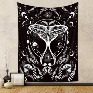 Bohemian black and white moth tapestry with moon phases and forest botanical motifs
