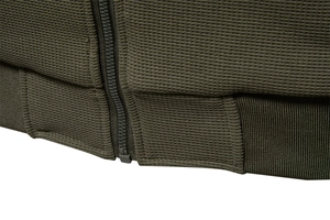 Macro shot of army green knit jacket showing honeycomb texture, zipper and ribbed hem