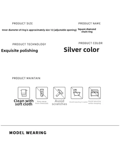 Detailed size specifications for adjustable silver chain ring with square diamond