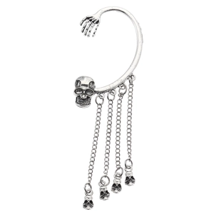 Gothic skull and skeleton hand earrings with tassel chains in vintage silver finish