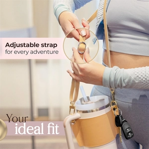 Adjustable beige faux leather carrier for Stanley 30/40oz tumbler with shoulder strap