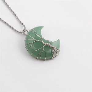 Silver tree of life wire-wrapped green aventurine moon pendant on twist rope chain