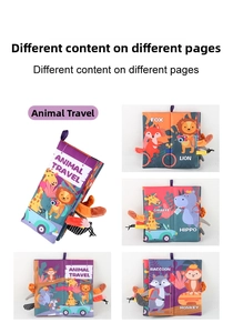 Detail showing colorful animal travel cloth book pages with different textures and animals